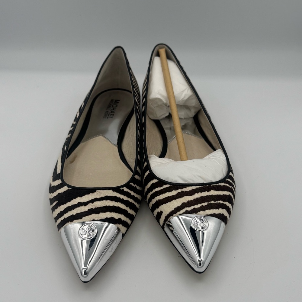 Michael Kors Paxton Leather Calf Hair Zebra Flats with Silver Tone Accents NIB - Picture 3 of 11